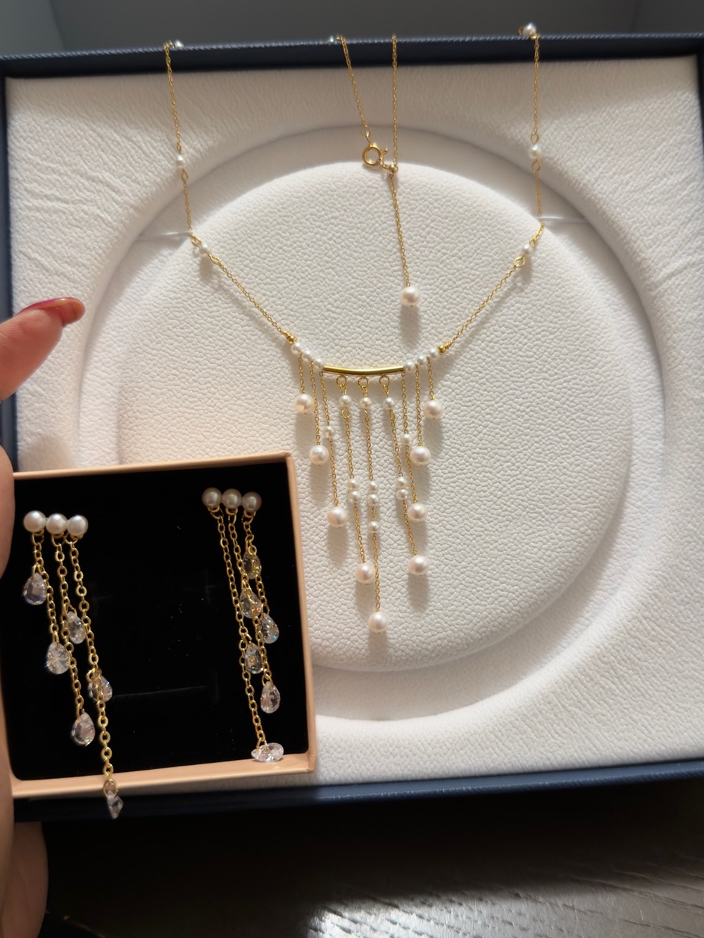Artisan Gold real Pearl Fringe Necklace and Earrings Set